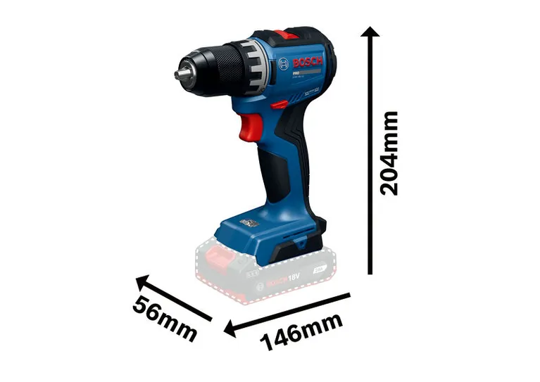 Bosch GSR18V-52 cordless drill dimensions shown.