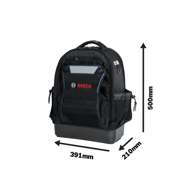 Bosch L-BOXX Contractor Backpack with dimensions labeled.