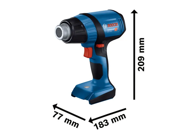 Bosch GHG 18V-50 cordless heat gun with dimensions.