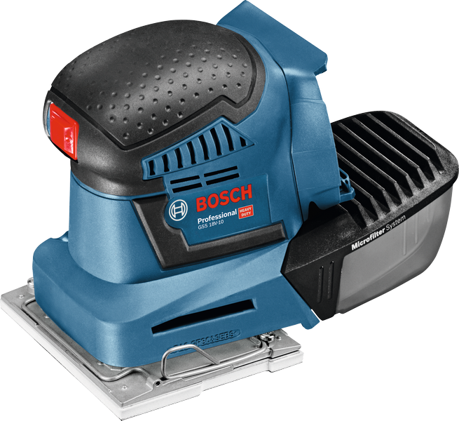 Bosch GSS 18V-10 cordless orbital sander with microfilter.