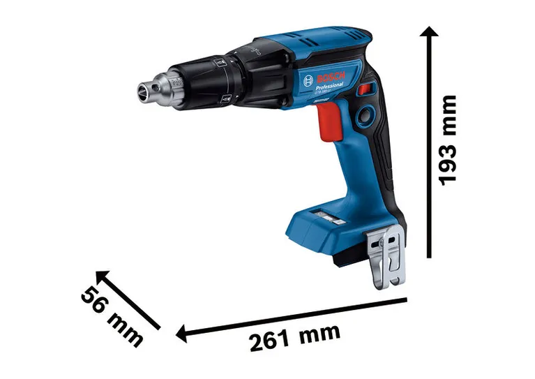 Bosch GTB 185-LI cordless drywall screwdriver with dimensions.