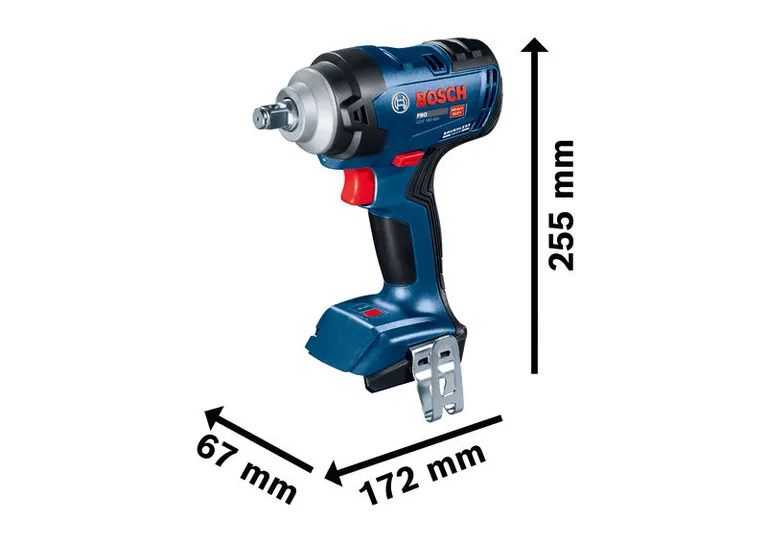 Bosch GDS 18V-400 cordless impact wrench with dimensions.
