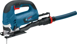 Bosch GST 90 BE jigsaw with dust extraction attachment.