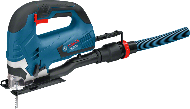 Bosch GST 90 BE jigsaw with dust extraction attachment.