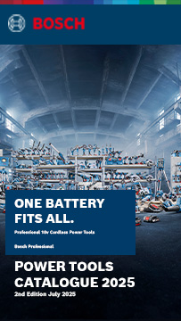 Bosch Professional power tools catalog cover with tools on shelves in a workshop.