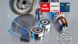 Bosch Professional tools, including bearings and a motor, arranged on a metallic surface.